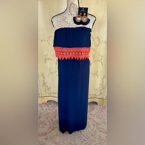 Fascination Boutique Strapless Maxi Dress w/ Orange Crochet Detail + Earrings